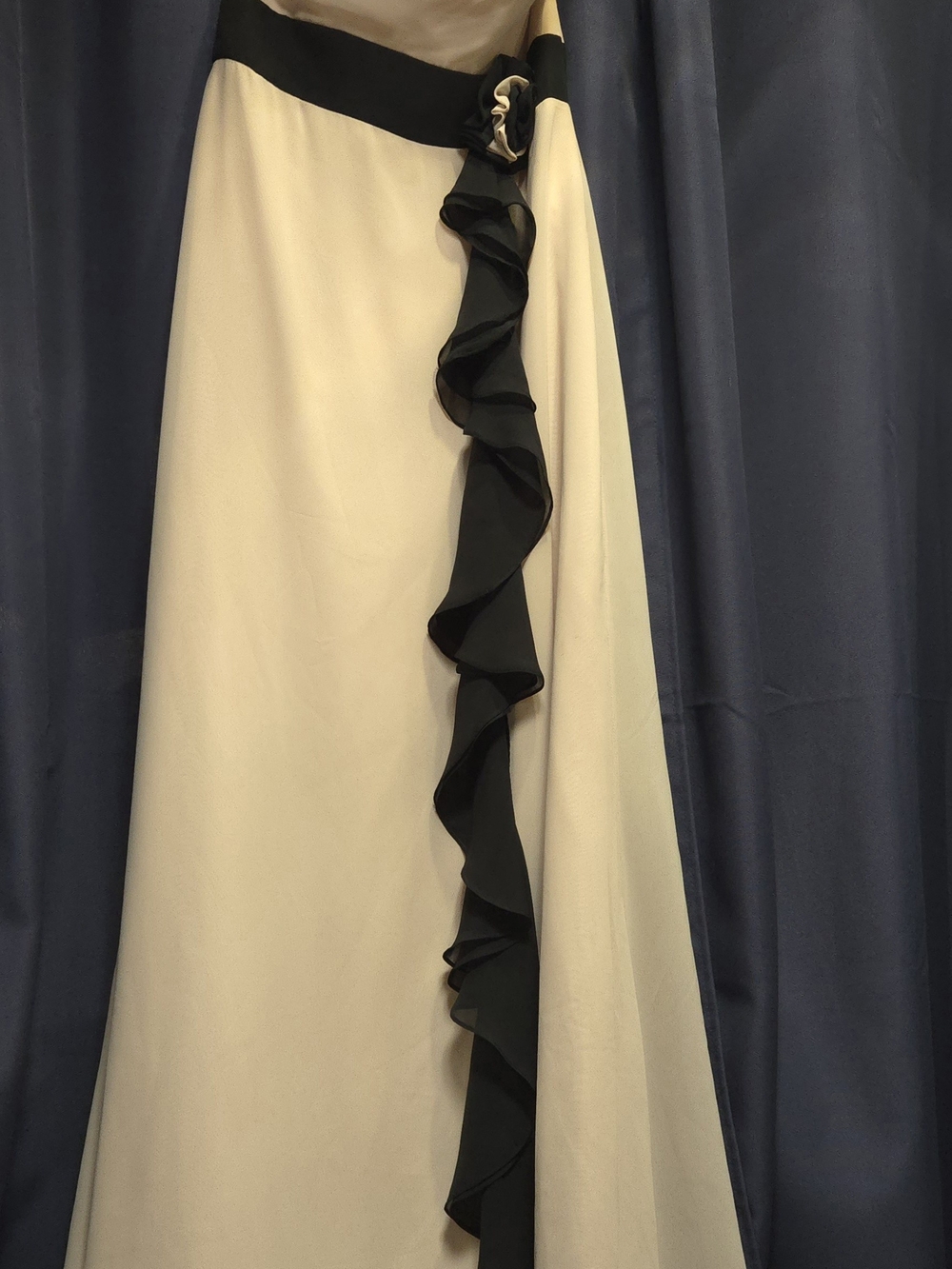 Alexia Designs Ivory Strapless Gown with Black Ruffle Detail